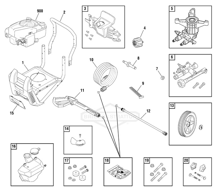 Briggs & Stratton pressure washer model 020582-01 replacement parts, pump breakdown, repair kits, owners manual and upgrade pump.